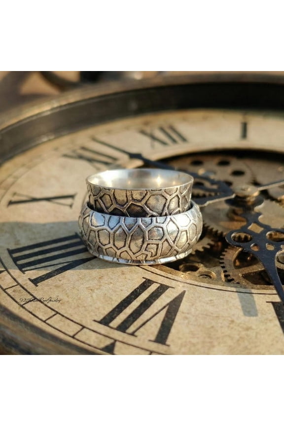 - Honeycomb Spinner Ring Sterling Silver Wide Band Textured Fidget Jewelry Anxiety Relief Boho Statement Meditation Worry Ring Gift