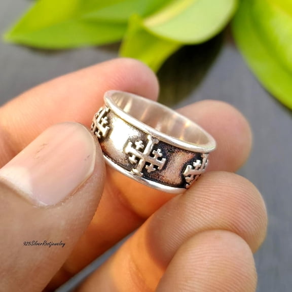TRIDHA SILVER- Jerusalem Cross Ring Handmade Sterling Silver Band With Oxidized Finish - Medieval Crusader Style Religious Christian Jewelry Gift