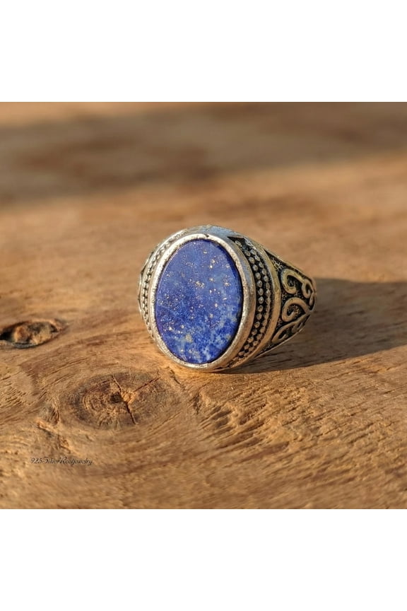 - Lapis Lazuli Ring Sterling Silver Mens Gemstone Oval Blue Stone Vintage Boho Statement Unique Gift Comfort Fit Oxidized Filigree Band Jewelry