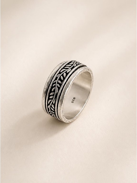 Leaf Pattern Silver Spinner Ring Wide Band Fidget Ring For Women