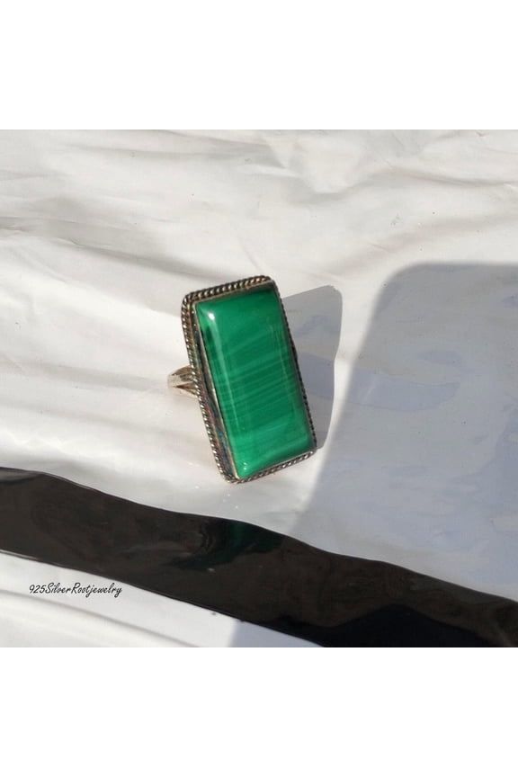 - Malachite Silver Ring - Handmade Natural Green Gemstone Ring in 925 Sterling Silver with Unique Patterns and Protective Heart Chakra Gift