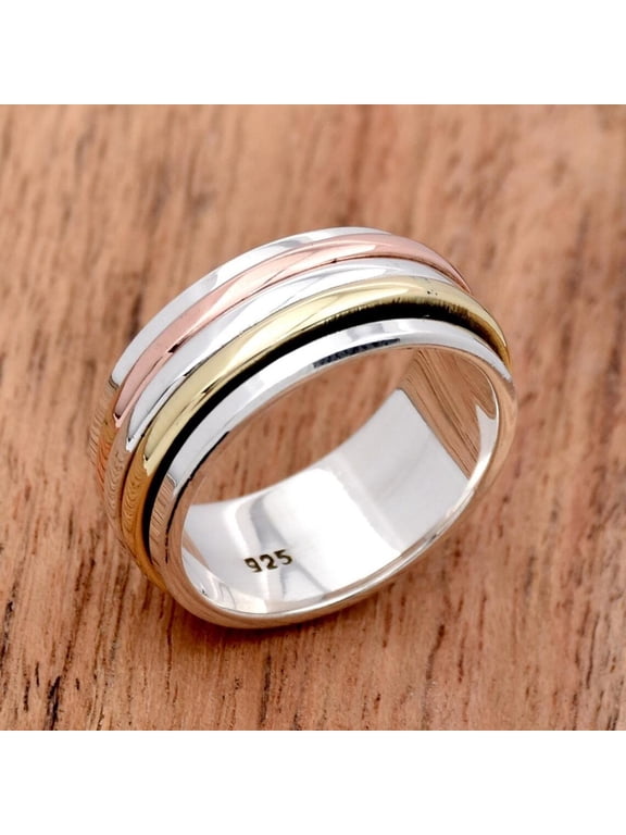 Minimalist Silver Spinner Ring With Three Tone Band Design, Sleek Everyday Jewelry For Women Casual Wear