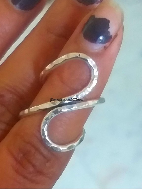 - Mixed metal band ring, hammered openwork adjustable stackable silver and copper finish, artisan style