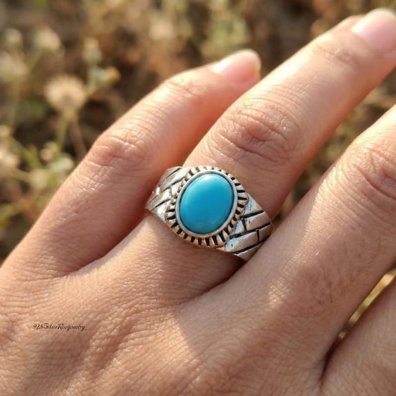 TRIDHA SILVER- Natural Larimar Ring - 925 Sterling Silver Boho Statement Jewelry Featuring Caribbean Blue Gemstone With Ocean Wave Pattern Design