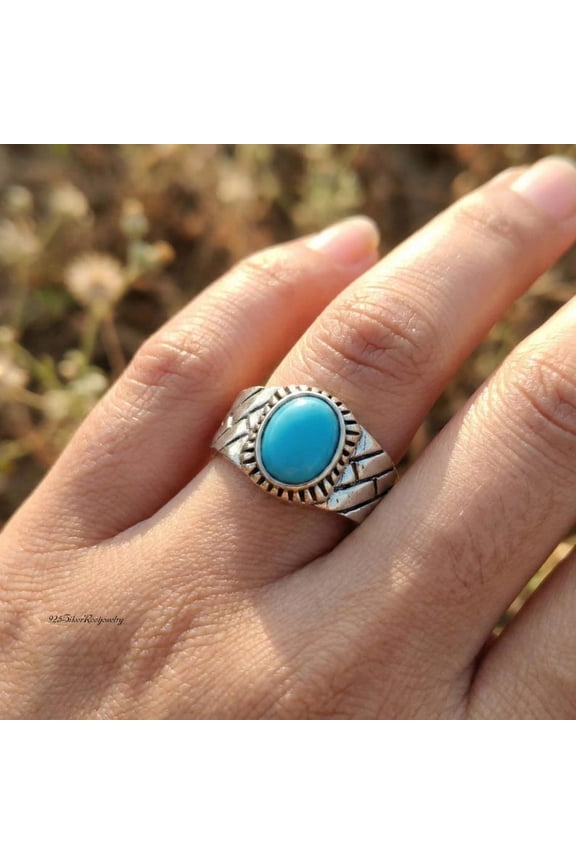 - Natural Larimar Ring - 925 Sterling Silver Boho Statement Jewelry Featuring Caribbean Blue Gemstone With Ocean Wave Pattern Design