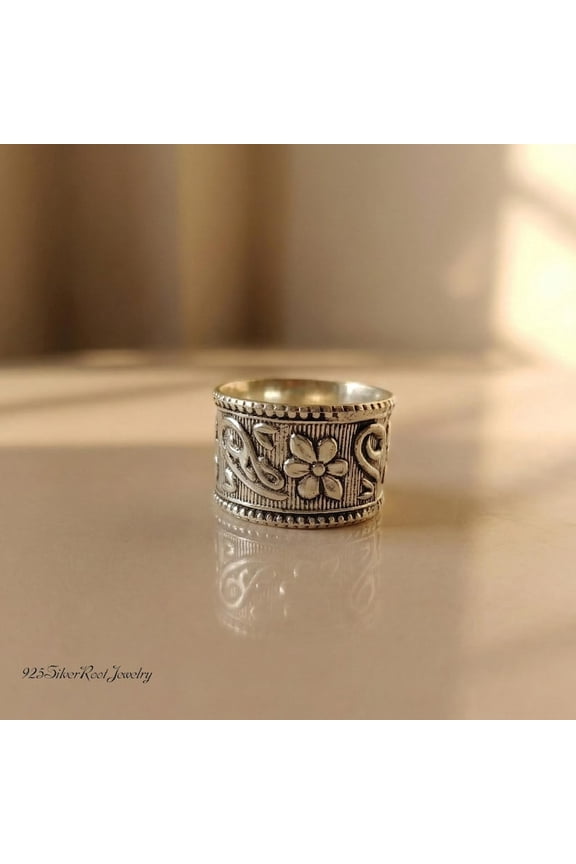 - Oxidized Silver Band Ring - Handmade Sterling Silver Wide Band Ring With Engraved Floral Pattern, Boho Statement Chunky Jewelry