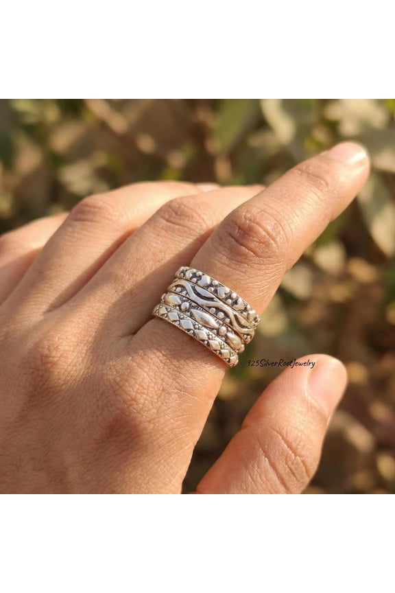 - Oxidized Stacking Rings Set - 925 Silver Boho Midi Rings With Textured Bands, Geometric Patterns & Antique Finish Handmade Jewelry