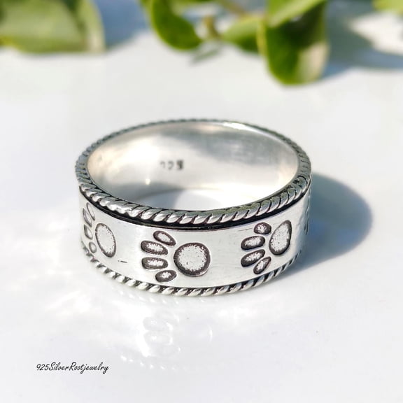 TRIDHA SILVER- Paw Print Spinner Ring - Handmade Sterling Silver Fidget Band for Pet Lovers | Calming Anxiety Relief Meditation Worry Ring Gift