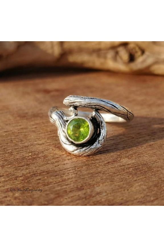 - Peridot Twig Ring - Sterling Silver Adjustable Band, Nature Inspired Branch Design, Bohemian Gemstone, Woodland Jewelry Perfect Gift