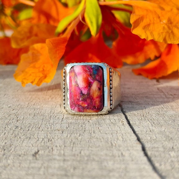 TRIDHA SILVER- Pink Copper Turquoise Ring - Handmade Cushion Cut Square Gemstone in 925 Sterling Silver Wide Band Boho Statement Jewelry