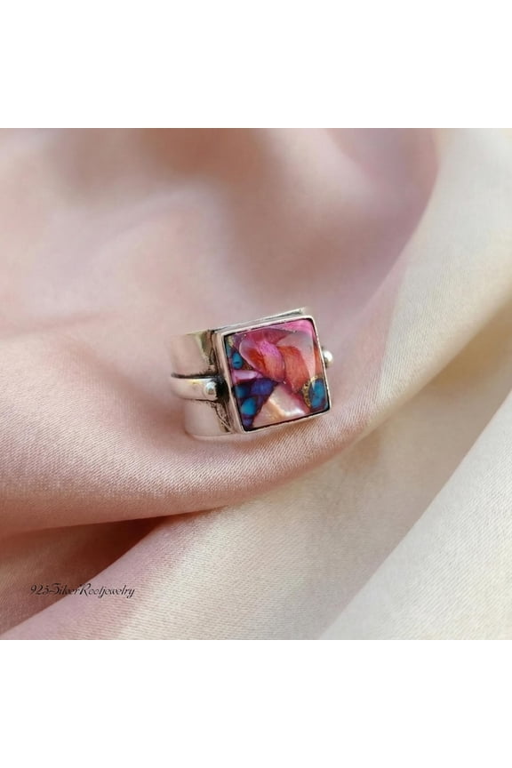 - Pink Copper Turquoise Ring - Sterling Silver Jewelry | Bold Boho Statement Ring with Square Cut Gemstone, Wide Band, Southwestern Style