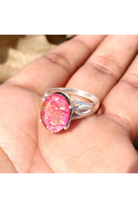 - Pink Druzy Ring - Sterling Silver Oval Druzy Jewelry With Pink Shimmer Stone, Romantic Celestial Promise And Boho Silver Band Gift