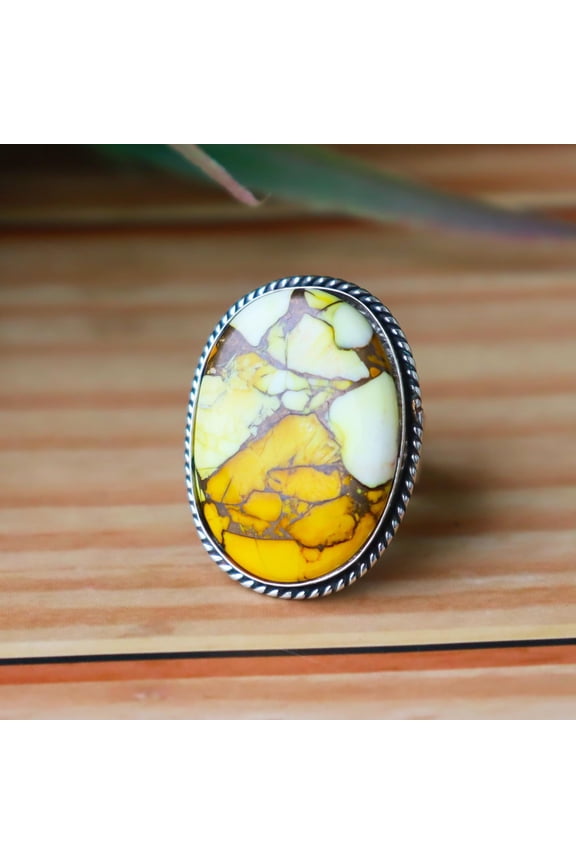 - Premium Brass Yellow Mohave Turquoise Ring Bold Oval Gemstone, Oxidized Silver-Plated Brass, Boho Statement