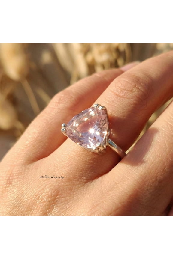 - Rose Quartz Ring - 925 Sterling Silver Geometric Jewelry Featuring Triangle Cut Pink Crystal, Unique Statement Filigree Design, Healing Love