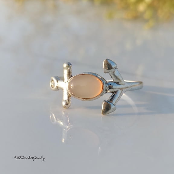 TRIDHA SILVER- Silver Anchor Ring Featuring Natural Moonstone - Handmade 925 Sterling Silver Nautical Jewelry, Dainty Boho Gemstone, Perfect Sailor Gift