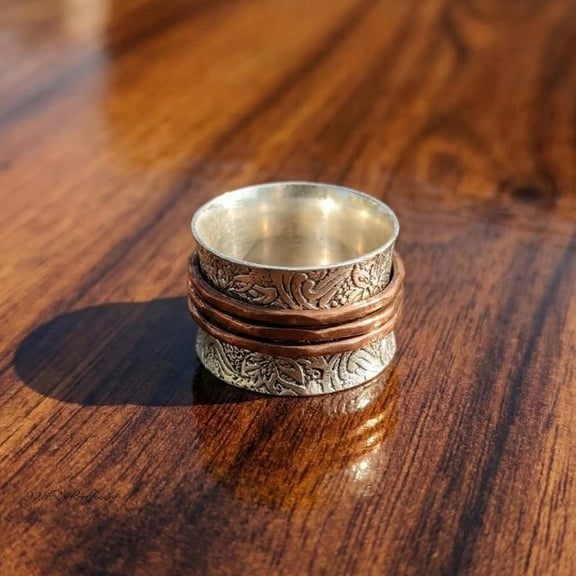 TRIDHA SILVER- Silver Copper Spinner Ring - Textured Floral Mixed Metal Meditation Band | Anxiety Relief Fidget Jewelry | Handcrafted Boho Style Accessory