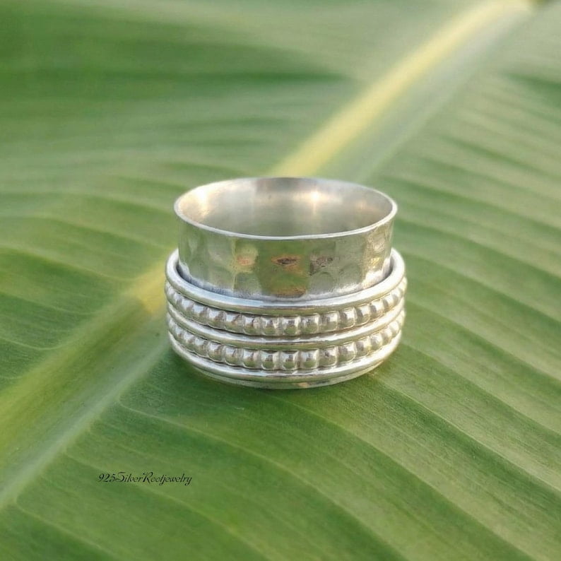 TRIDHA SILVER- Silver Fidget Spinner Ring - Wide Hammered Sterling Band With Textured Rope Meditation Design For Anxiety Relief & Unisex Minimalist Jewelry