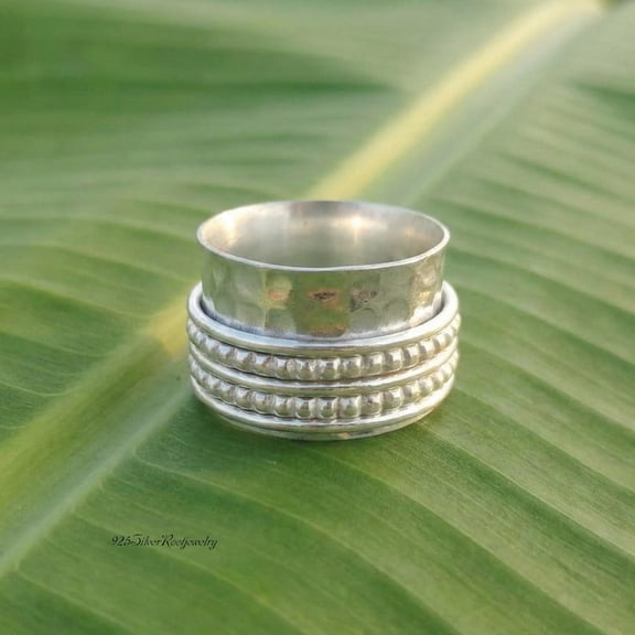 TRIDHA SILVER- Silver Fidget Spinner Ring - Wide Hammered Sterling Band With Textured Rope Meditation Design For Anxiety Relief & Unisex Minimalist Jewelry