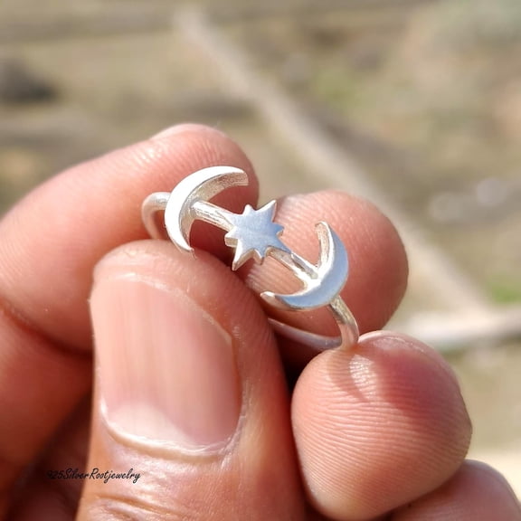 TRIDHA SILVER- Silver Moon Goddess Ring - Celestial Double Moon With North Star, Minimalist 925 Sterling Silver Boho Witchy Jewelry Gift For Her