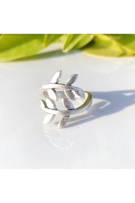 - Silver Olive Branch Ring - Adjustable Wrap Ring With Laurel Leaf Design | Delicate Boho Silver Band Featuring Nature Inspired Botanical Jewelry