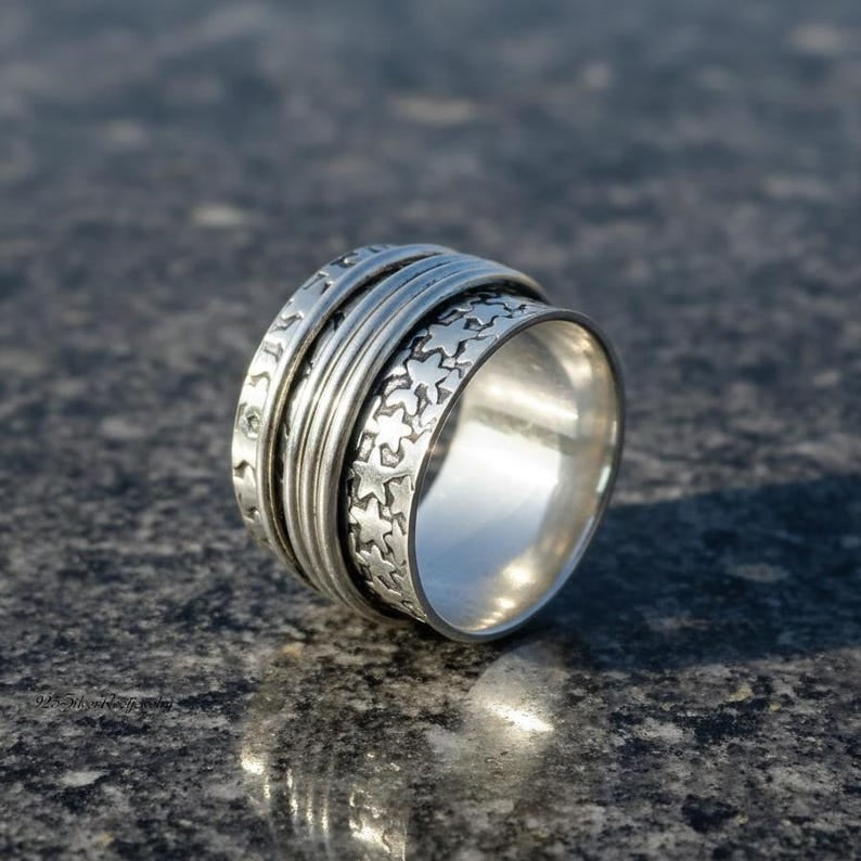 TRIDHA SILVER- Silver Spinner Ring - Celestial Star Anxiety Relief Band | 925 Sterling Silver Boho Wide Cosmic Jewelry Meditation Fidget Spinner
