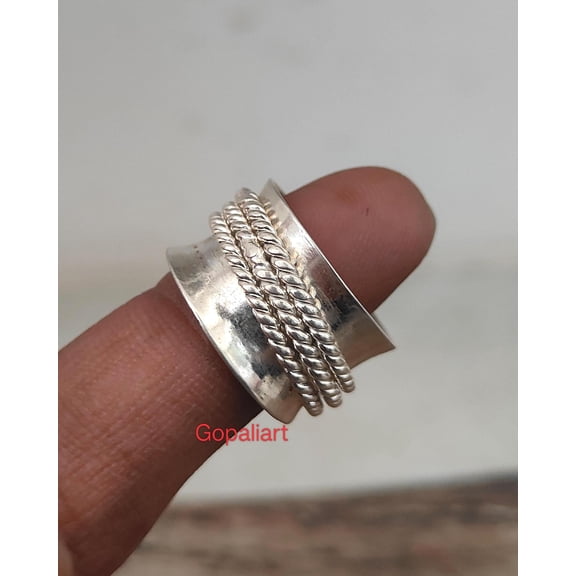 TRIDHA SILVER Silver Spinner Ring With Twisted Three Tone Band, Handmade Multi Tone Statement Jewelry For Women Everyday Wear