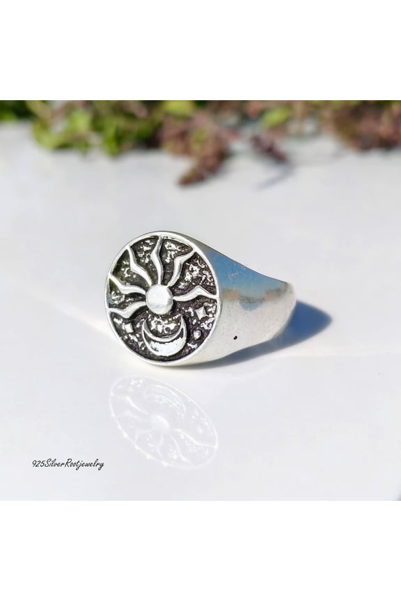 - Silver Sun Signet Ring - Handmade Oxidized Sterling Silver Celestial Symbol With Matte Polished Shank, Spiritual Unisex Statement Jewelry Gift