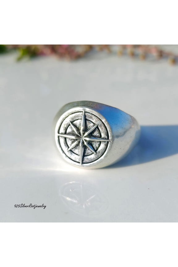 - Sterling Silver Compass Ring - Handmade Men's Signet Ring Featuring Engraved Compass Rose, Oxidized Finish, Nautical Traveler Gift