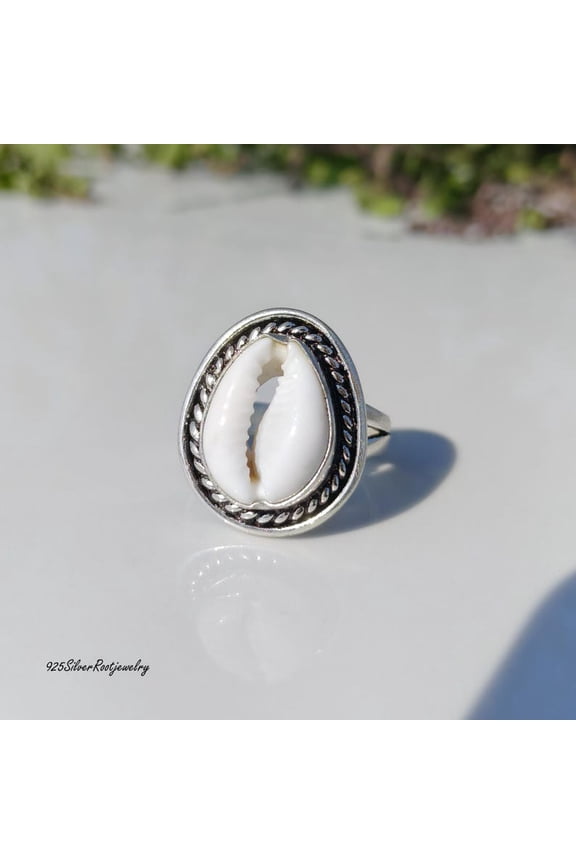 - Sterling Silver Cowrie Ring - Boho Shell Jewelry With Braided Rope, Split Shank Band, Tribal Ocean Inspired Natural Shell Gift For Her