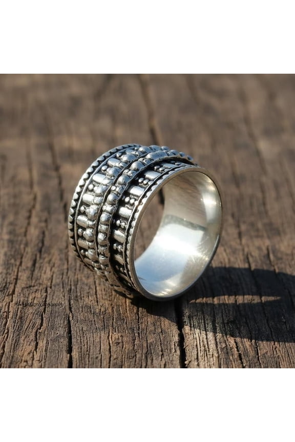 - Sterling Silver Fidget Ring - Boho Chevron Pattern Wide Band Spinner Anxiety Relief Ring With Heart Band For Stress Relief Jewelry