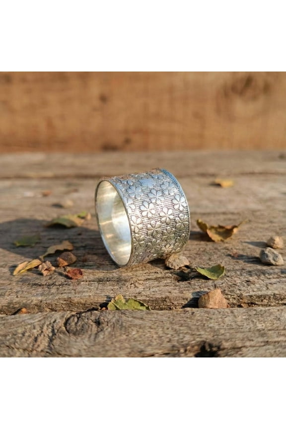 - Sterling Silver Flower Ring - Wide Floral Band 925 Sterling Silver, Vintage Engraved Garden Jewelry, Handmade Artisan Statement Gift