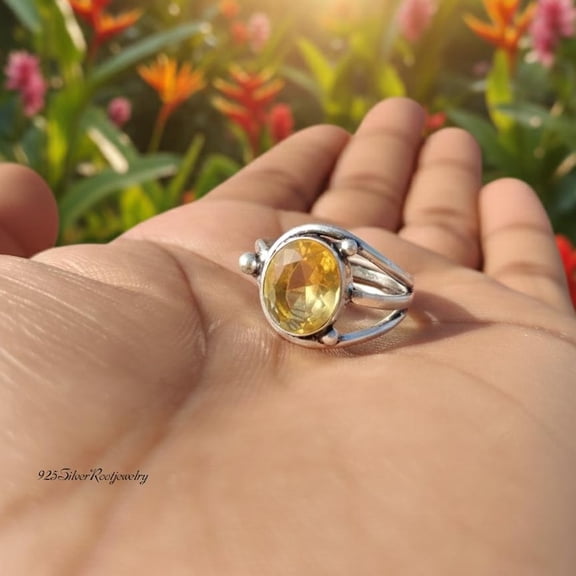 TRIDHA SILVER- Sterling Silver Ring Featuring Yellow Citrine Gemstone - Handmade 925 Silver Split Band Boho Statement Jewelry Gift for Her