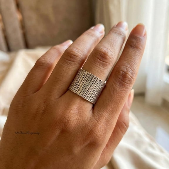 TRIDHA SILVER- Sterling Silver Ring - Handmade Wide Band Rustic Bark Texture Ring With Oxidized Finish, Unisex Nature Inspired Jewelry Gift