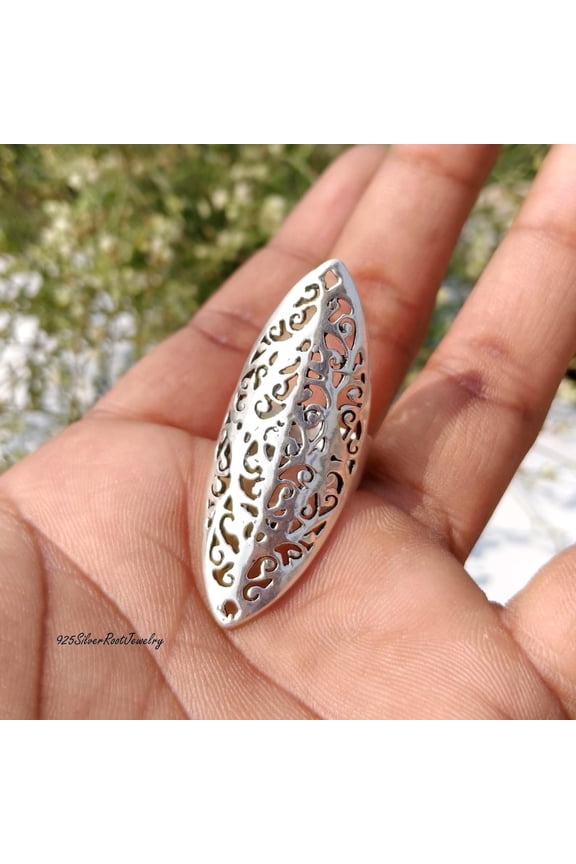 - Sterling Silver Ring Large Filigree Shield Marquise Statement Boho Jewelry Gift Women Vintage Design Lightweight Artisan 925 Silver