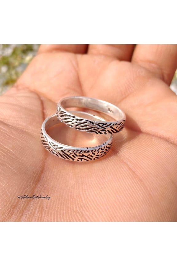 - Sterling Silver Rings | Nature Inspired Tree Bark Band Set - Unique Rustic Wedding Bands & Couples Promise Rings With Organic Texture
