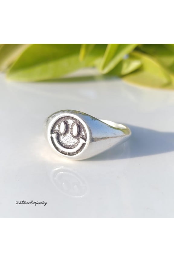 - Sterling Silver Signet Ring - Dainty Smiley Face Pinky Ring, Minimalist Oxidized Silver Band, Handcrafted Vintage Texture Jewelry Gift