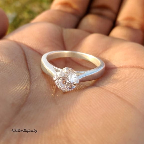 TRIDHA SILVER- Sterling Silver Solitaire Ring - Handmade 925 Silver Engagement Promise Ring With Round Brilliant Cut Cubic Zirconia Stone