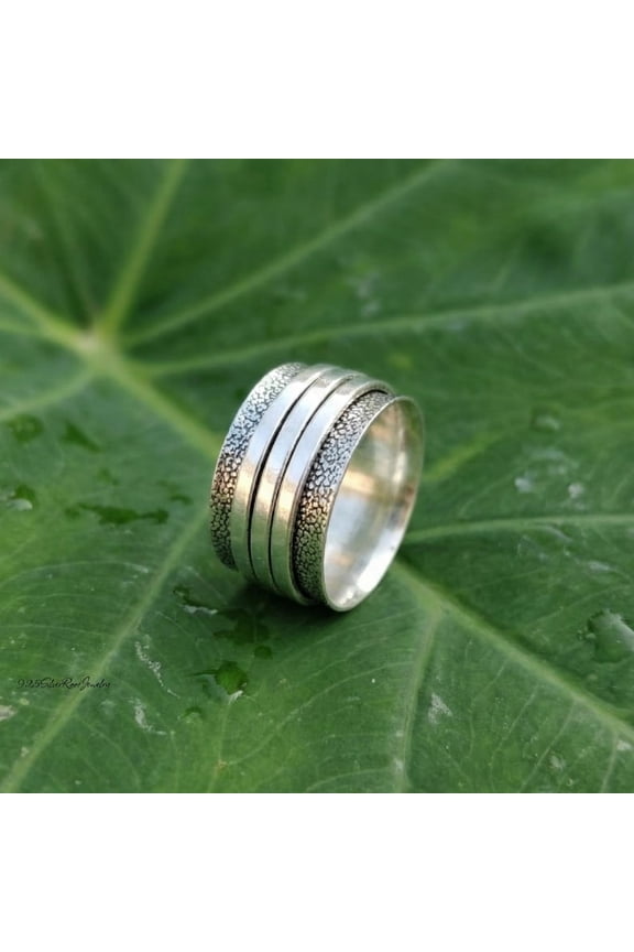 - Sterling Silver Spinner Ring - Handcrafted Wide Band Textured Worry Band for Anxiety Relief with Comfort Fit and Boho Style Design