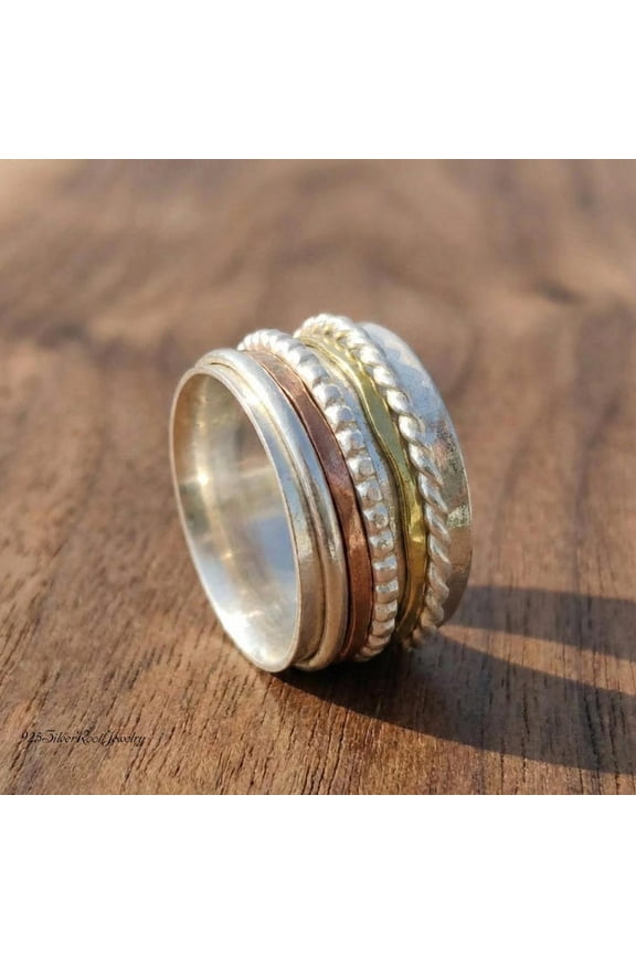 - Sterling Silver Spinner Ring - Handmade Mixed Metal Bands With Copper & Brass | Boho Fidget Meditation Anxiety Relief Jewelry