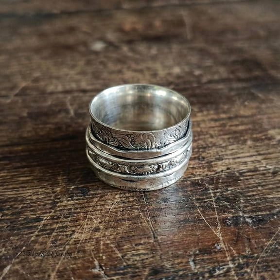 TRIDHA SILVER- Sterling Silver Spinner Ring - Meditation Ring for Anxiety Relief, Calming Fidget Band, Engraved Bohemian Jewelry Gift for Women