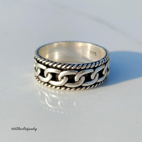 TRIDHA SILVER- Sterling Silver Spinner Ring - Oxidized Cuban Link Chain Band With Rope Edge Design, Solid 925 Silver Men's Thumb Ring Gift Alternative
