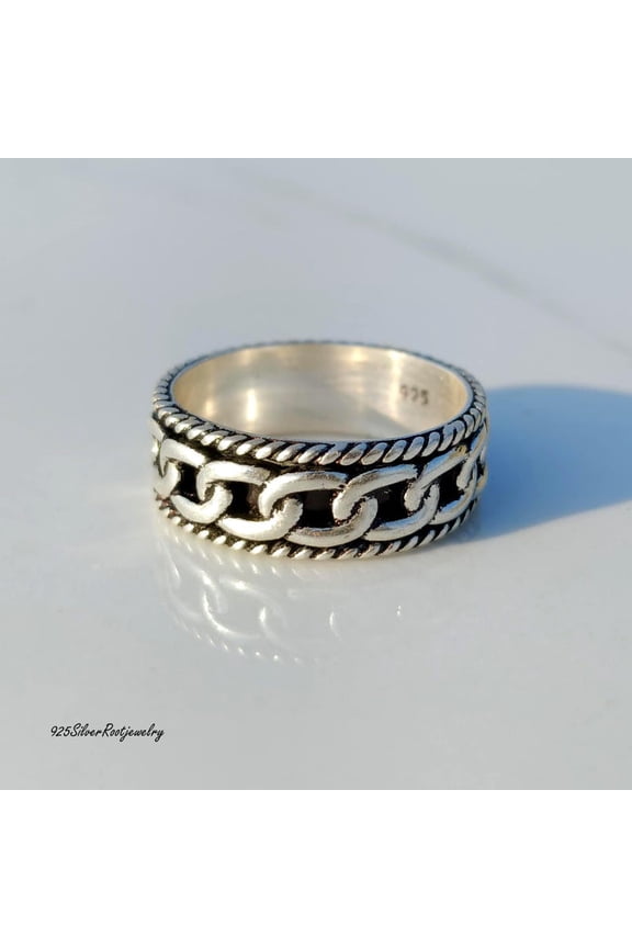 - Sterling Silver Spinner Ring - Oxidized Cuban Link Chain Band With Rope Edge Design, Solid 925 Silver Men's Thumb Ring Gift Alternative