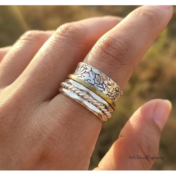TRIDHA SILVER- Sterling Silver Spinner Ring - Two-Tone 925 Silver Anxiety Fidget Band for Stress Relief, Meditation, and Artisan Crafted Worry Jewelry Gift