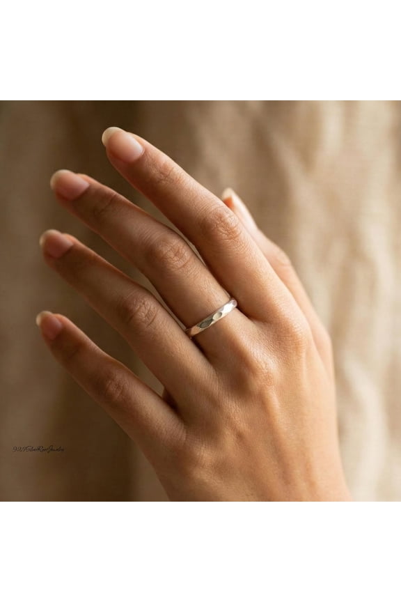- Sterling Silver Stacking Ring | Hand Hammered Slim Band Ring | Minimalist Faceted Textured Wedding Band | Comfort Fit Gift for Her