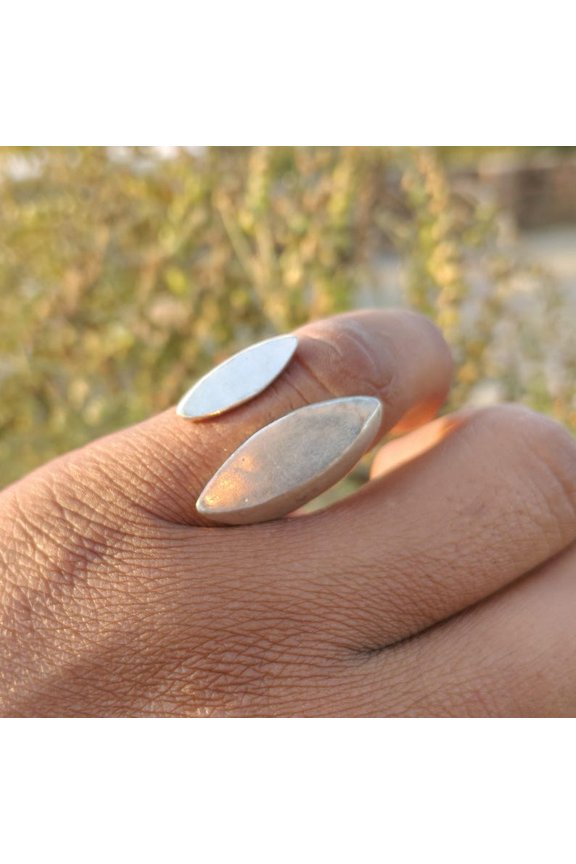 - Sterling Silver Statement Ring - Adjustable Open Wrap Band, Double Marquise Geometric Design, Matte Finish, Handmade Bold Silver Jewelry