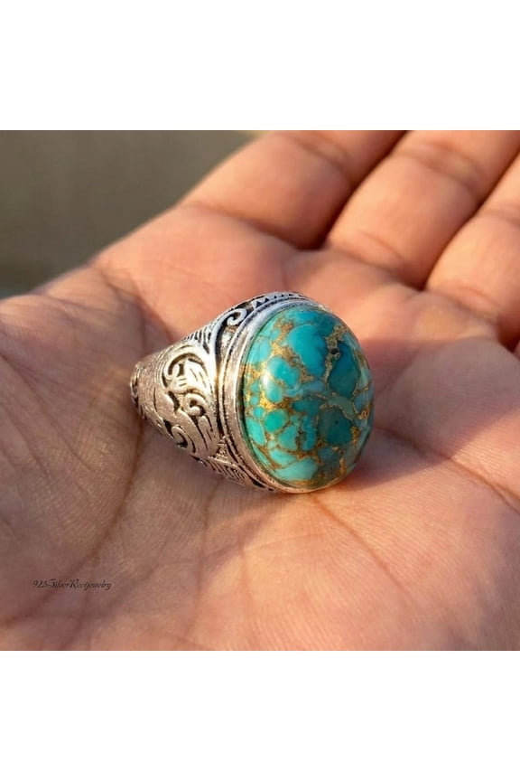 - Sterling Silver Turquoise Ring - Vintage Boho Statement Ring with Copper Matrix Stone and Filigree Silver Band for Men