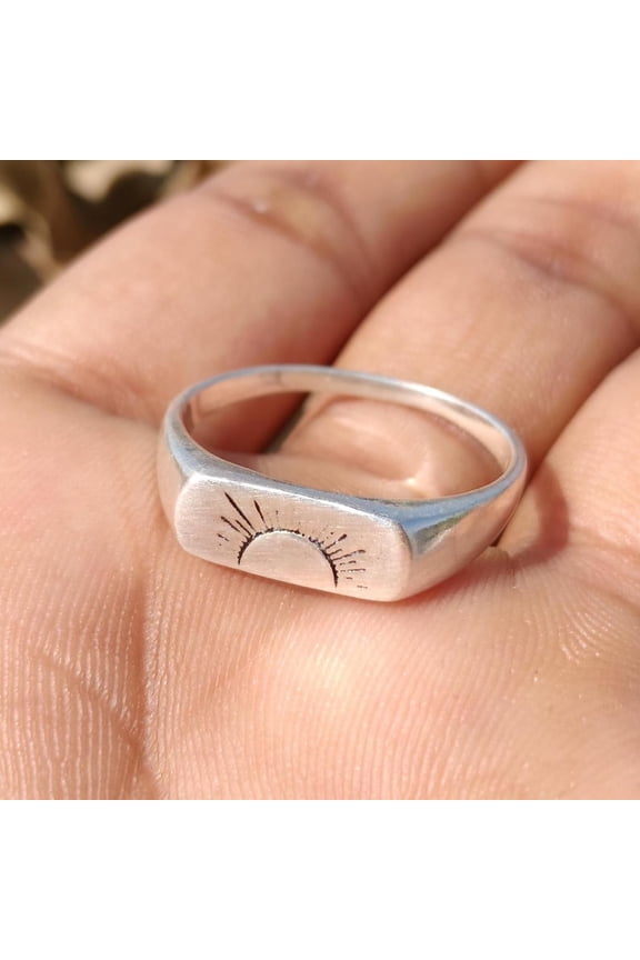 - Sunburst Signet Ring - Minimalist Sterling Silver Band with Hand Stamped Celestial Motif, Bohemian Jewelry Gift for Everyday Wear