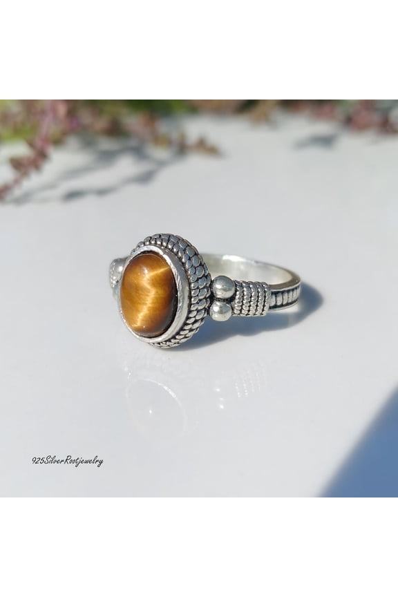 - Tiger's Eye Ring Handmade In 925 Sterling Silver - Boho Statement Jewelry With Balinese Granulation Detail And Earthy Tone Design