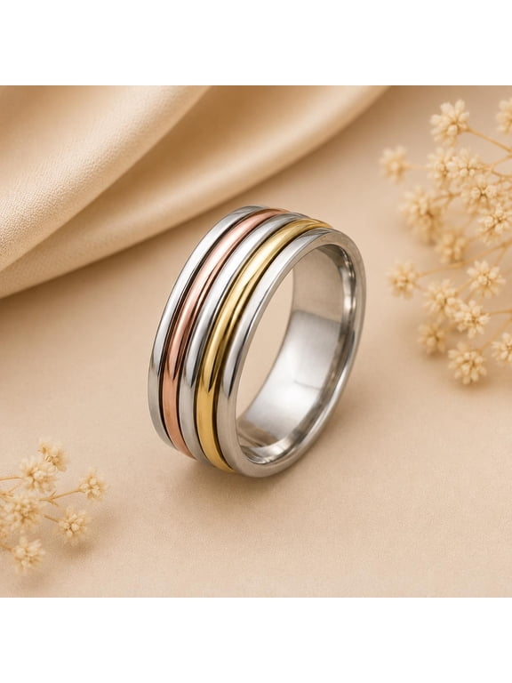 Tri-Color Spinner Ring, Minimalist Tri-Tone Mixed Band Unisex Stacking Jewelry For Adult Everyday Style