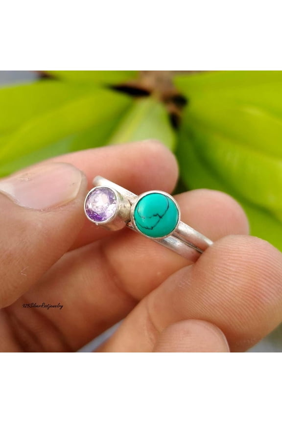 - Turquoise Amethyst Ring - Handcrafted 925 Sterling Silver Bypass Two Stone Ring Featuring Natural Turquoise Gemstone and Faceted Amethyst Birthstone Gift